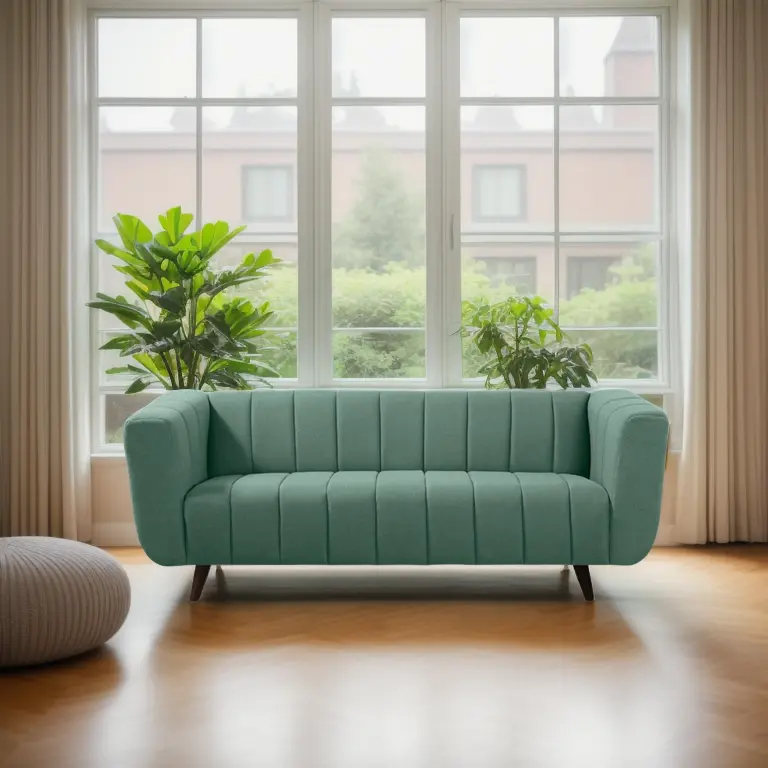 a sofa in a well lit living room, with a large window in the background